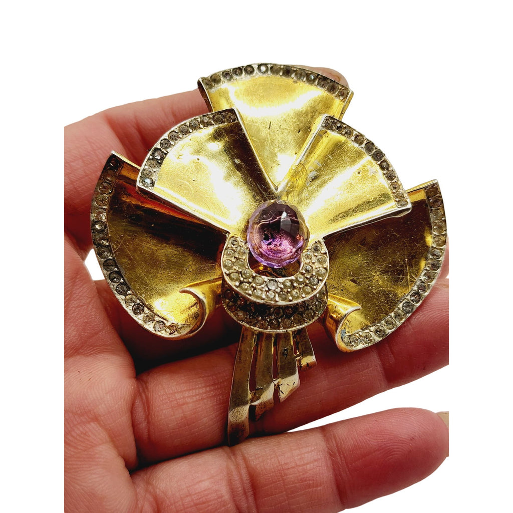 Vintage Signed Corocraft Sterling Gold Vermeil Deco Design Brooch (A499)