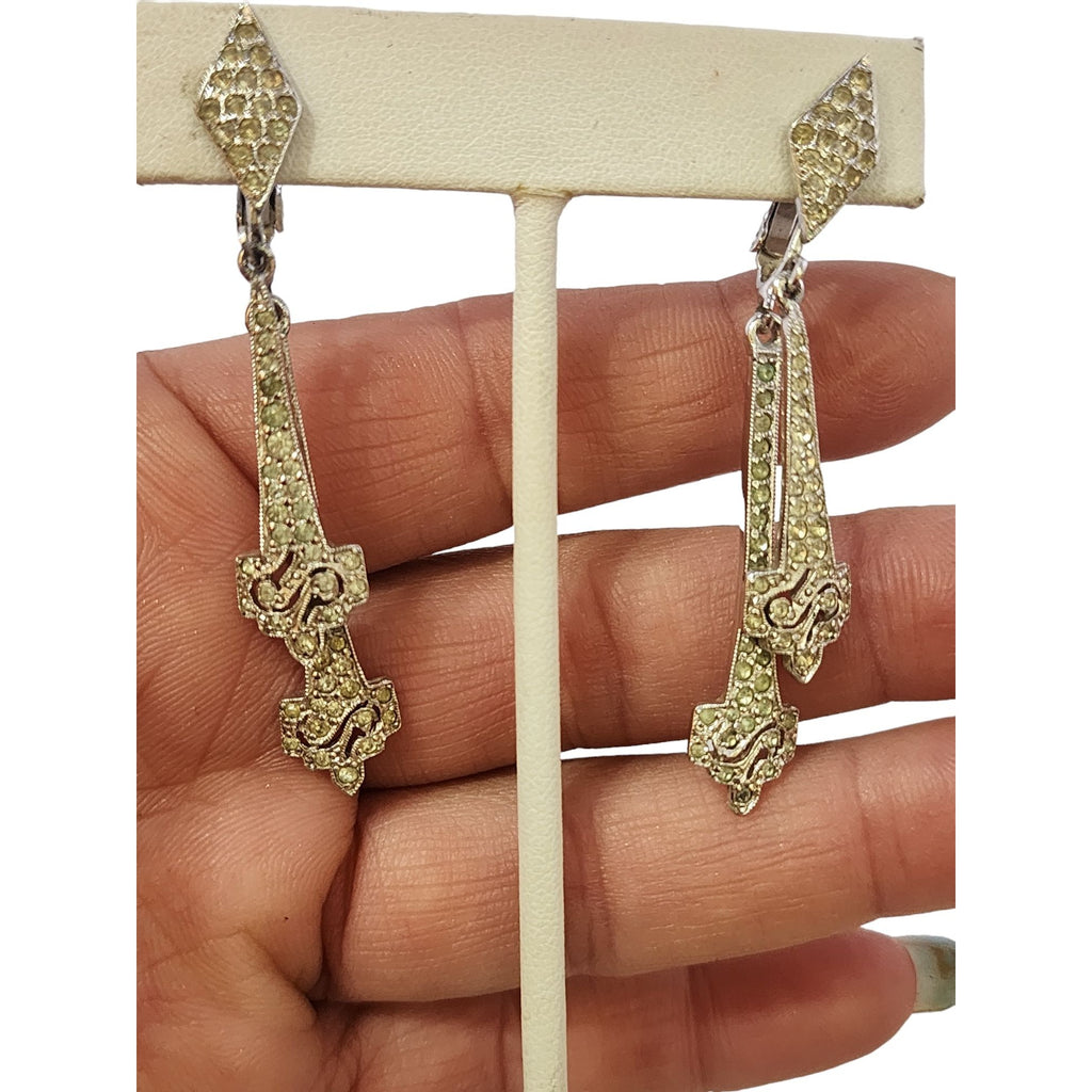 Vintage Rhodium Plated And Paste Clip Earrings (A6347)