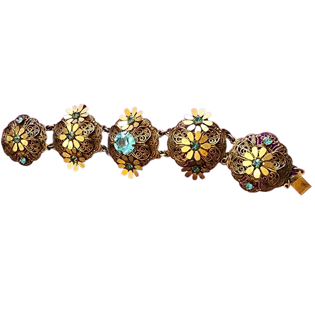 Vintage Spectacular Czech Style Elaborate Brass Acrylic & Glass Bracelet (A1918)