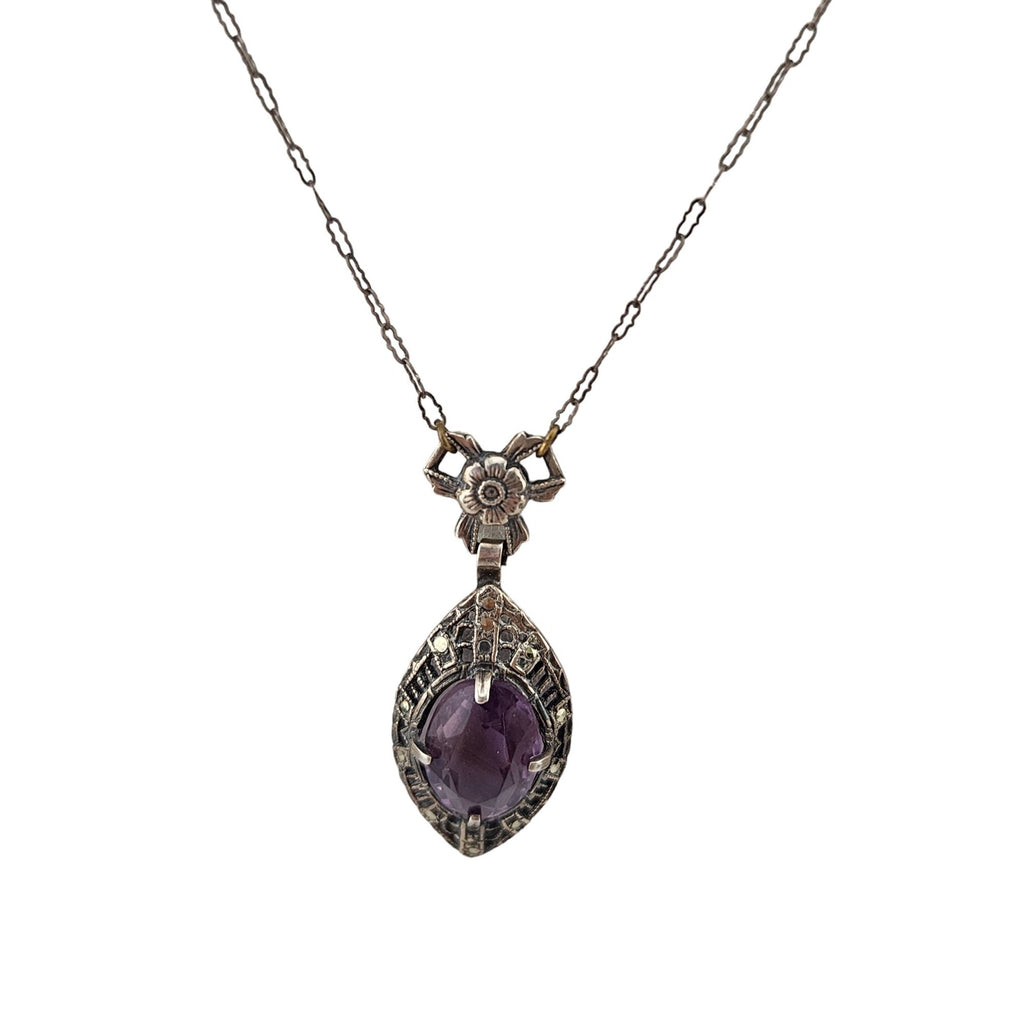 Vintage Beautiful Sterling Art Deco Glass & Marcasite Pendant Necklace (A3324)