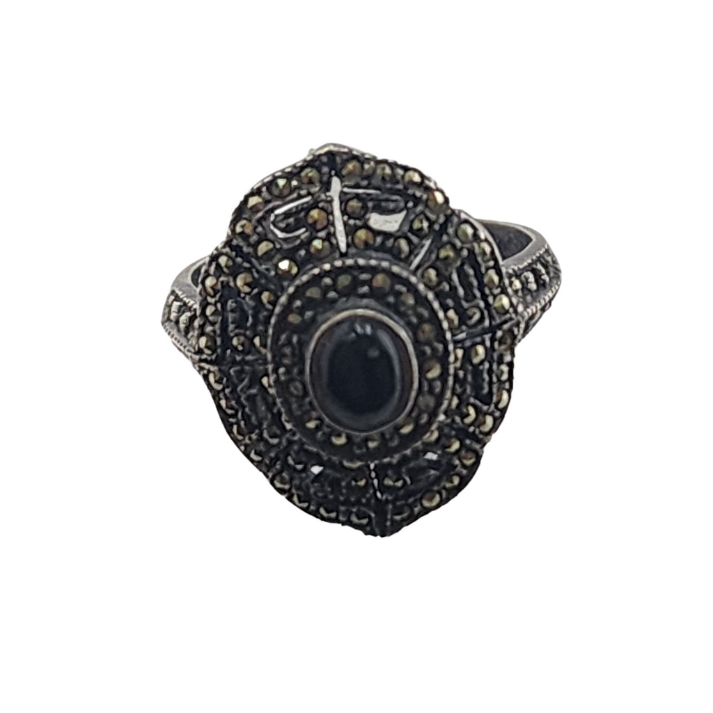 Vintage Sterling And Marcasite Onyx Art Deco Ring Sz 6.25 (A6165)