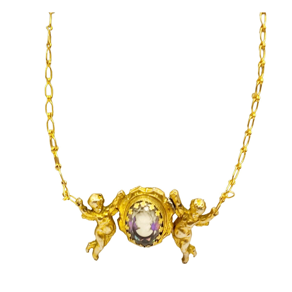 Vintage Unique Double Sided Glass Cameo & Cherub Statement Necklace (A560)
