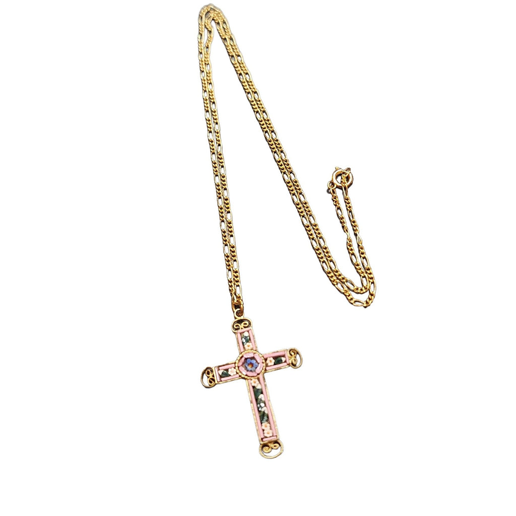 Vintage Mosaic Signed Italy Cross Pendant Necklace (A2346)