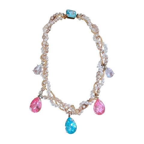 Vintage Rare Molded 2 Tone Glass & Rhinestone Necklace Bracelet Set (A4067)
