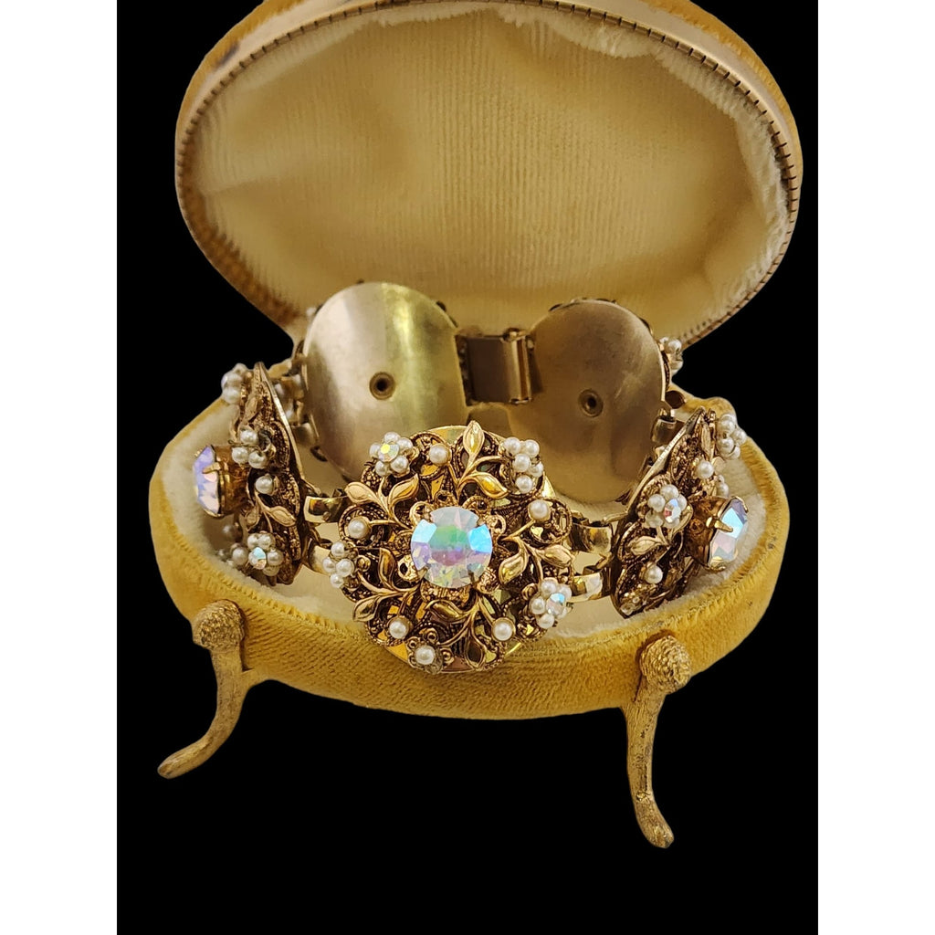 Elaborate Vintage Pearl and Rhinestone Filigree Bracelet (A4880)
