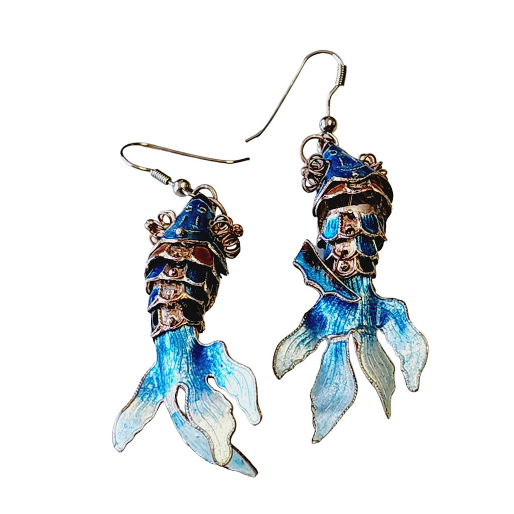 Vintage Cloisonne Articulating Fish Pierced Earrings (A2234)