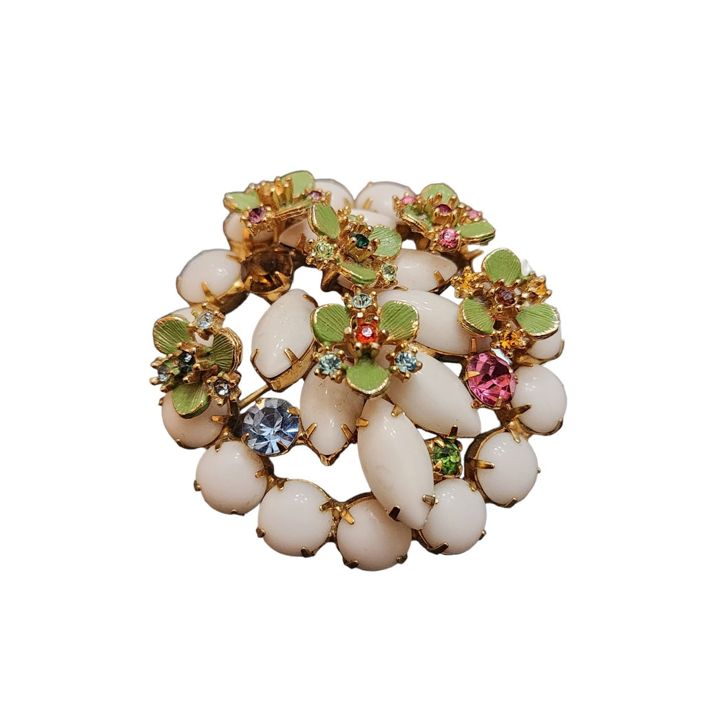 Vintage Milk Glass Rhinestone Enamel Brooch (A2361)