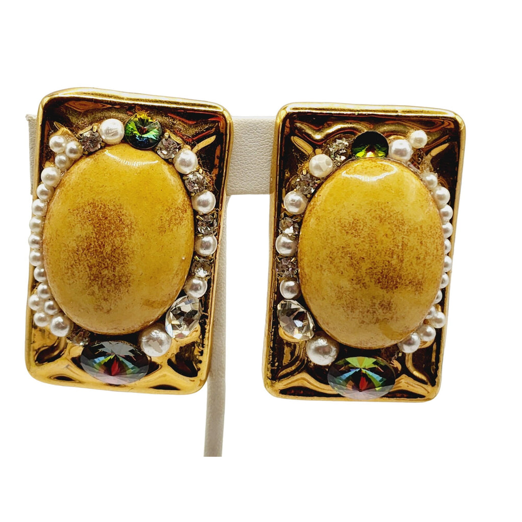Vintage 80s Porcelain Jeweled Clip Earrings (A545)