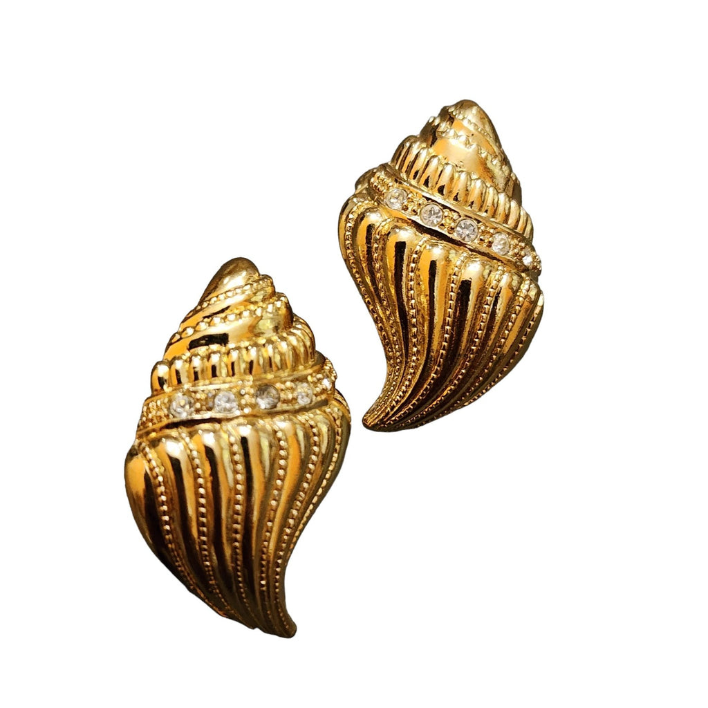 Vintage Signed KJL For Avon Shell Goldtone and Rhinestone Clip Earrings (A2319)