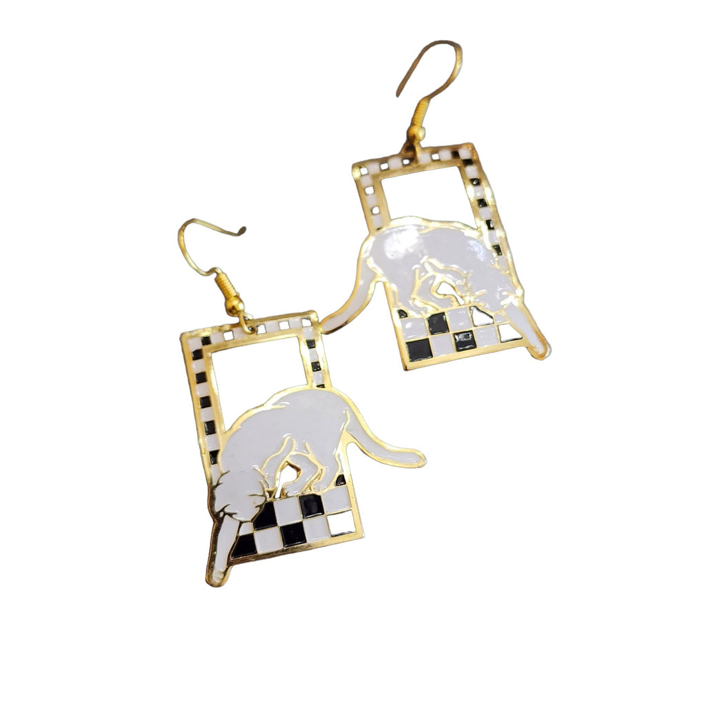 Vintage Signed Meow Cat Enamel Hook Earrings (A2083)