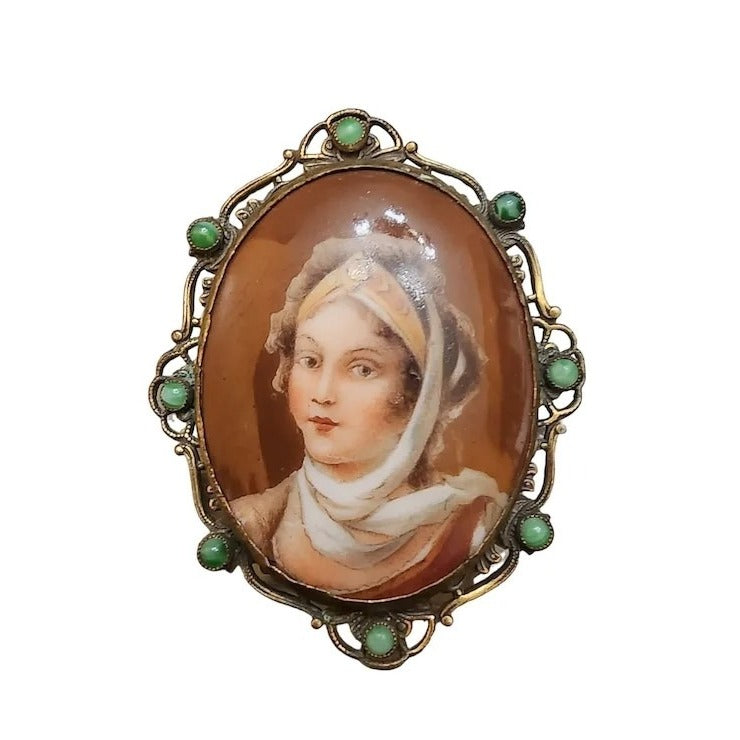 Vintage Porcelain Portrait Brooch With Glass Cabochon (A1856)