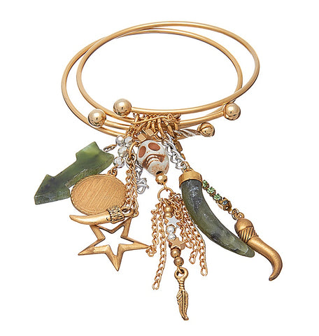 Green Koi Fish Golden Charm Chain Tassel Stretch Bracelet