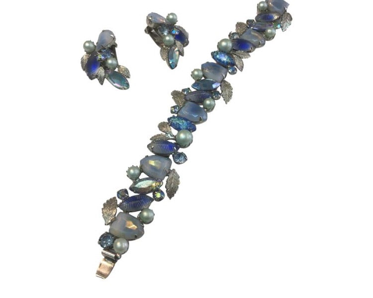 Vintage blue gray leaf bracelet & earring set