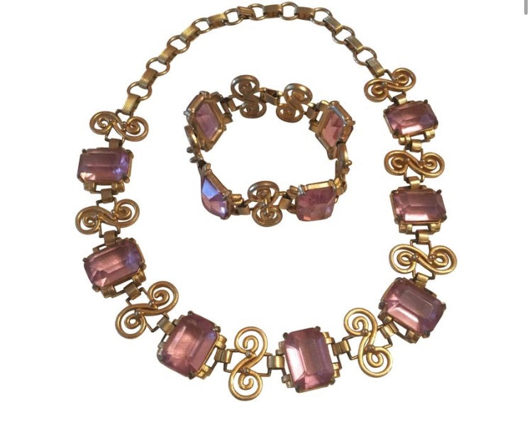 Vintage Art Deco Purple Crystal Necklace & Bracelet Set