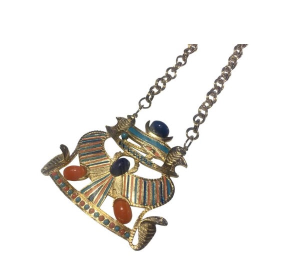 Vintage Egyptian Revival gold colored scarab chain necklace