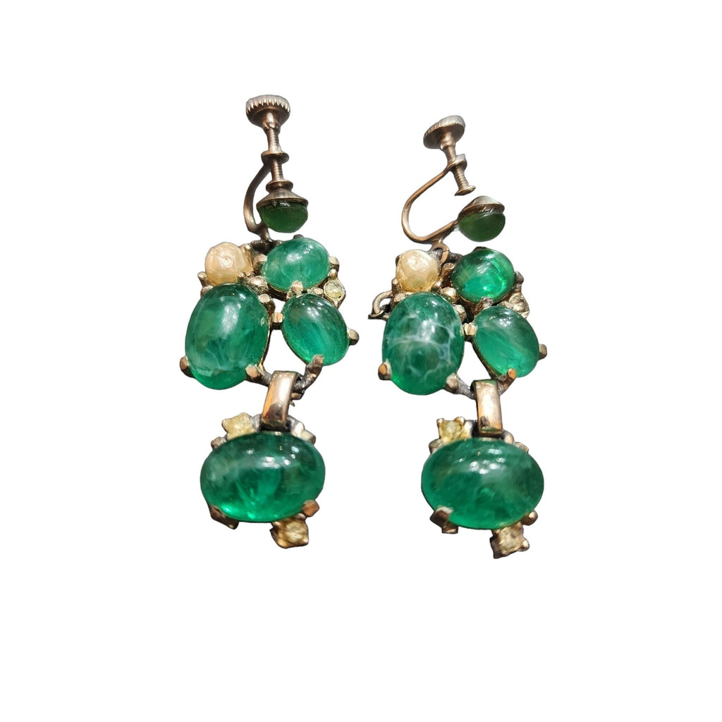 Vintage Unsigned Flawed Emerald Glass Screw Back Earrings (A4026)