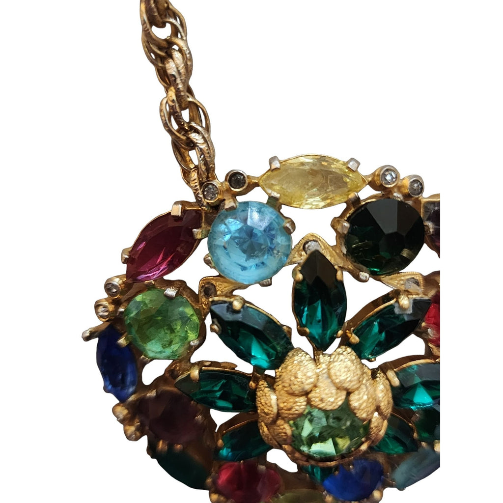Vintage Unsigned Unique Rhinestone Raised Colorful Pendant Necklace (A4023)