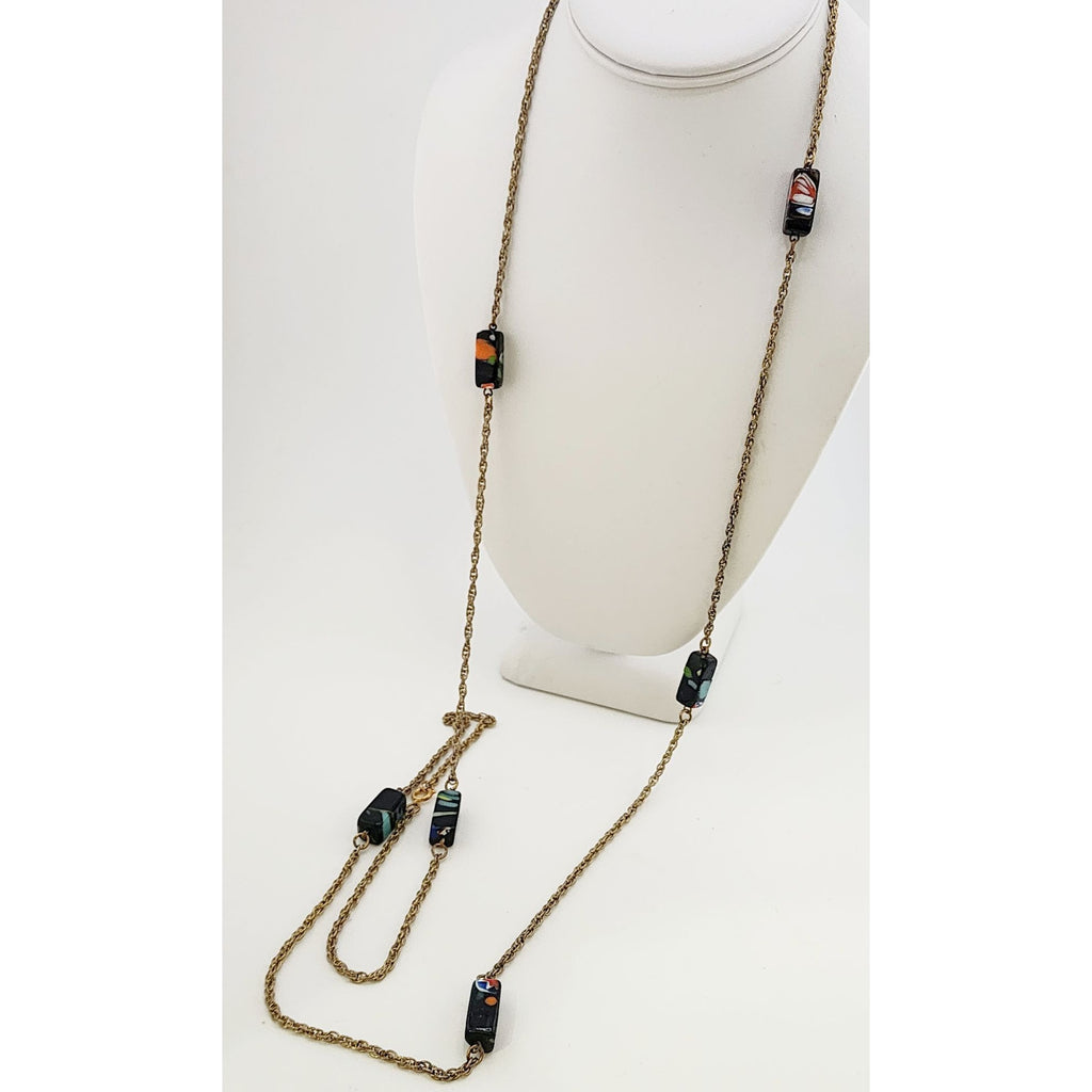 Vintage Millefiori Glass and Chain Long Necklace (A3432)