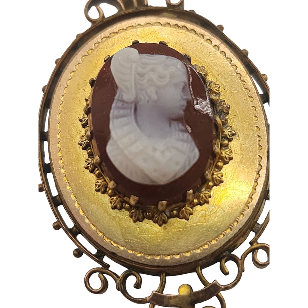 Antique Victorian Elaborate Glass Cameo Brooch Pendant (A3532)