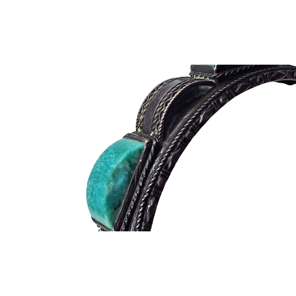Antique Sterling Silver Curved Turquoise Bangle Bracelet (A5063)