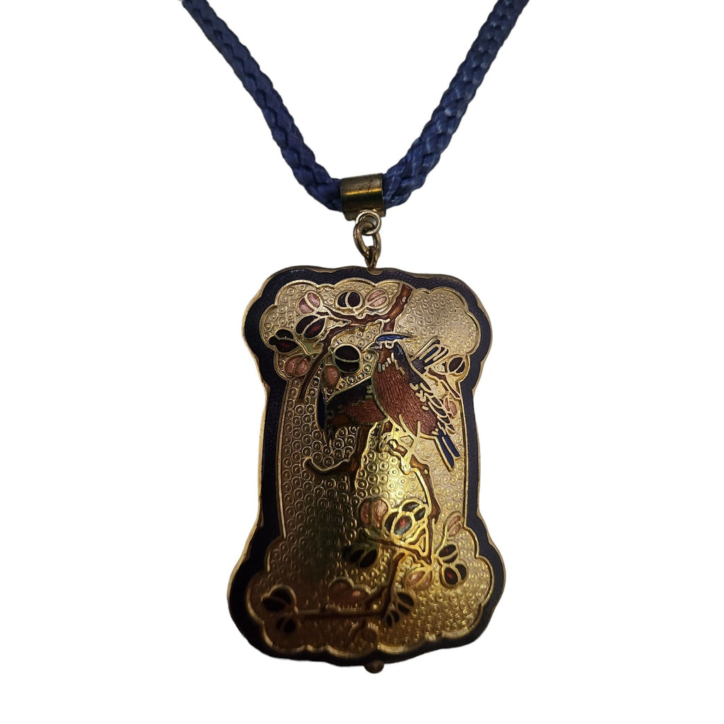 Vintage Chinese Export Enamel Bird Pendant on Rope Necklace (A4030)