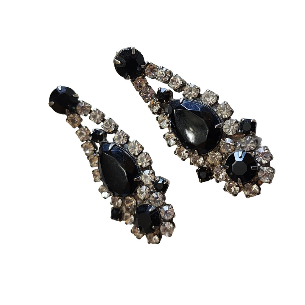 Vintage Black Clear Rhinestone Chandelier Pierced Earrings (A2024)