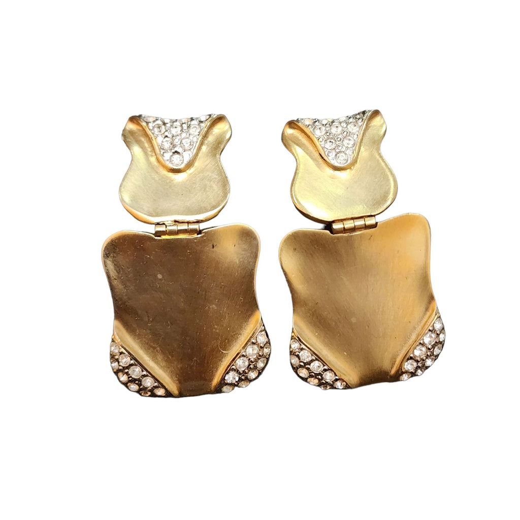 Vintage 80s Abstract Matte Gold Rhinestone Clip Earrings (A2347)