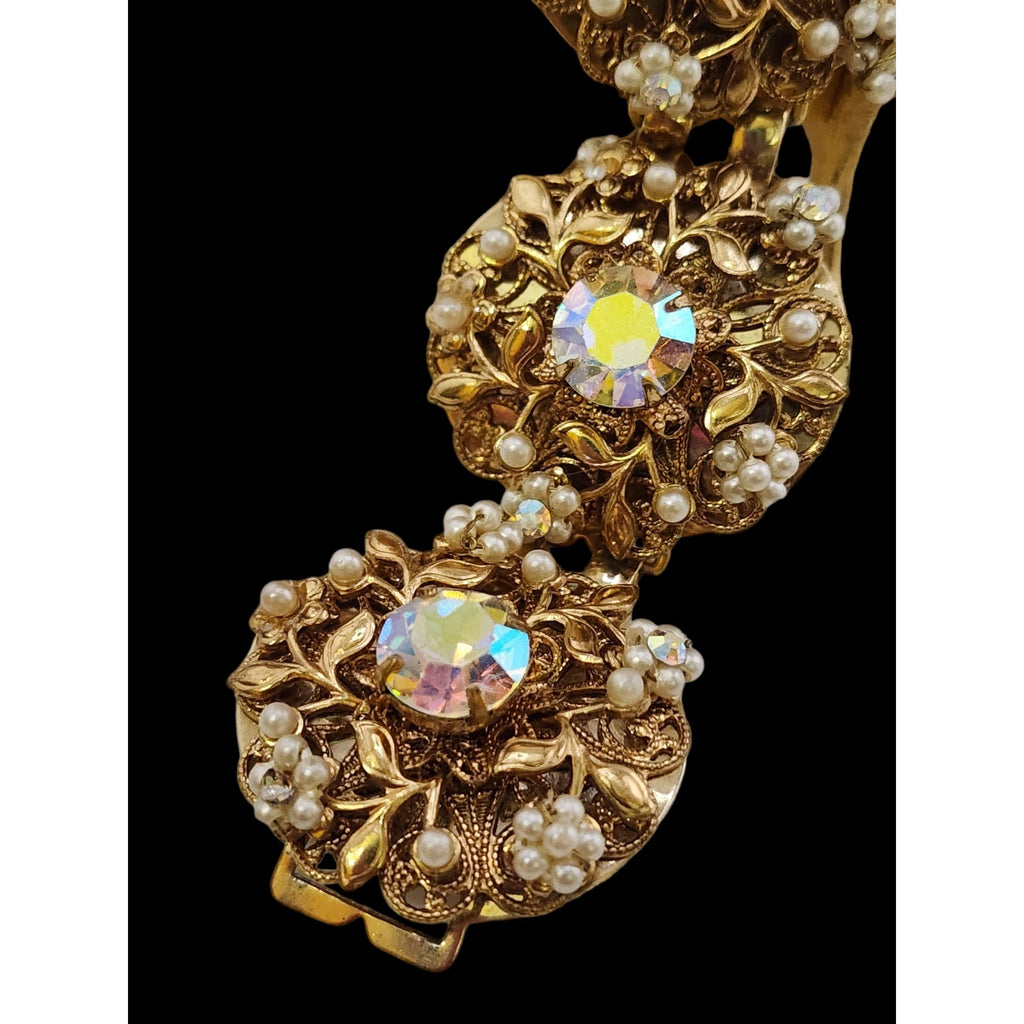 Elaborate Vintage Pearl and Rhinestone Filigree Bracelet (A4880)