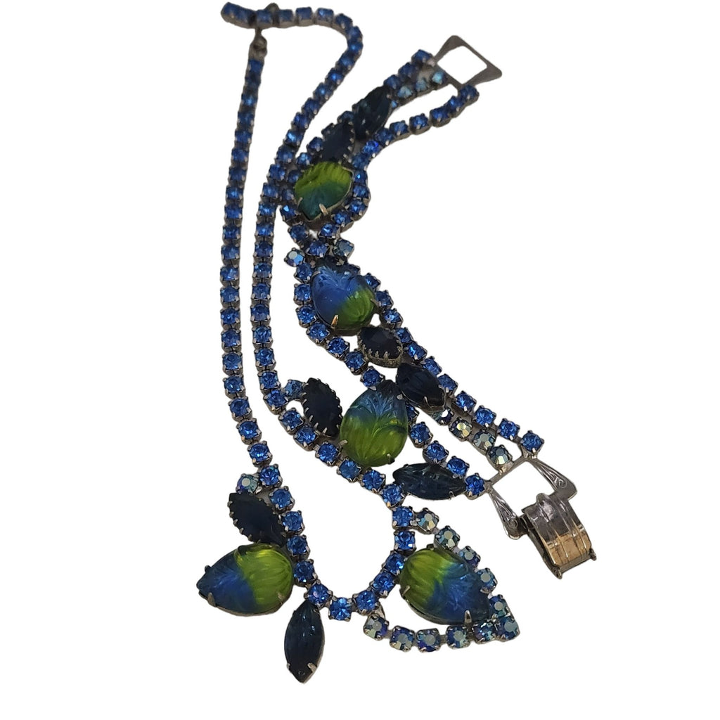 Vintage Rare Molded 2 Tone Glass & Rhinestone Necklace Bracelet Set (A4067)