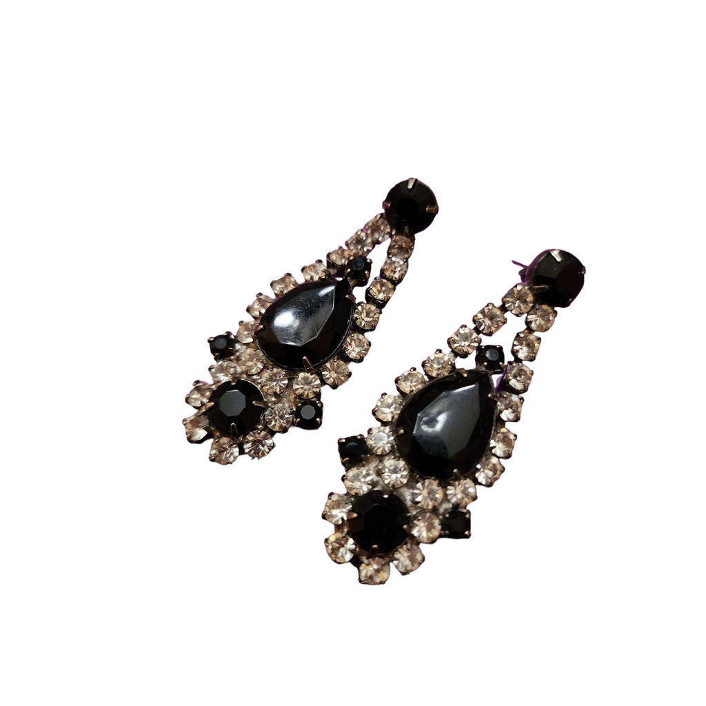 Vintage Black Clear Rhinestone Chandelier Pierced Earrings (A2024)