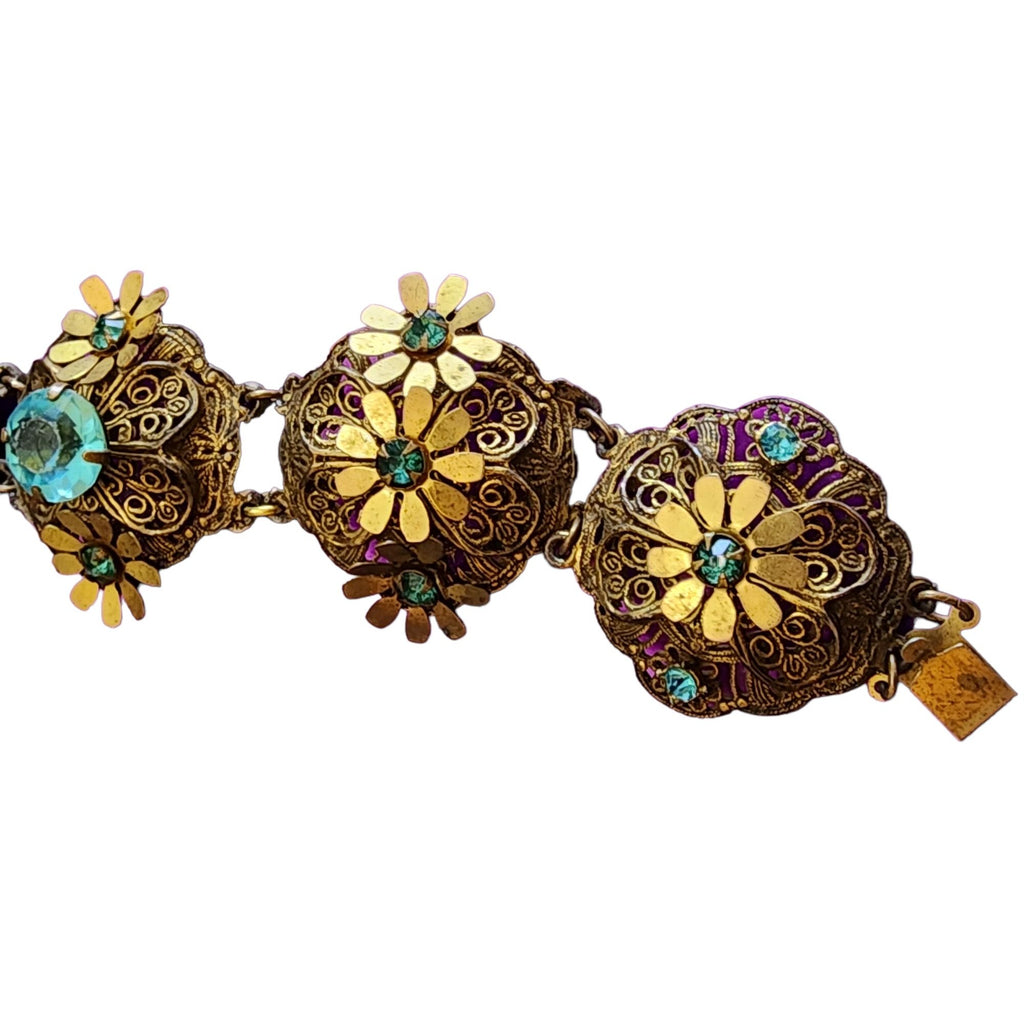 Vintage Spectacular Czech Style Elaborate Brass Acrylic & Glass Bracelet (A1918)