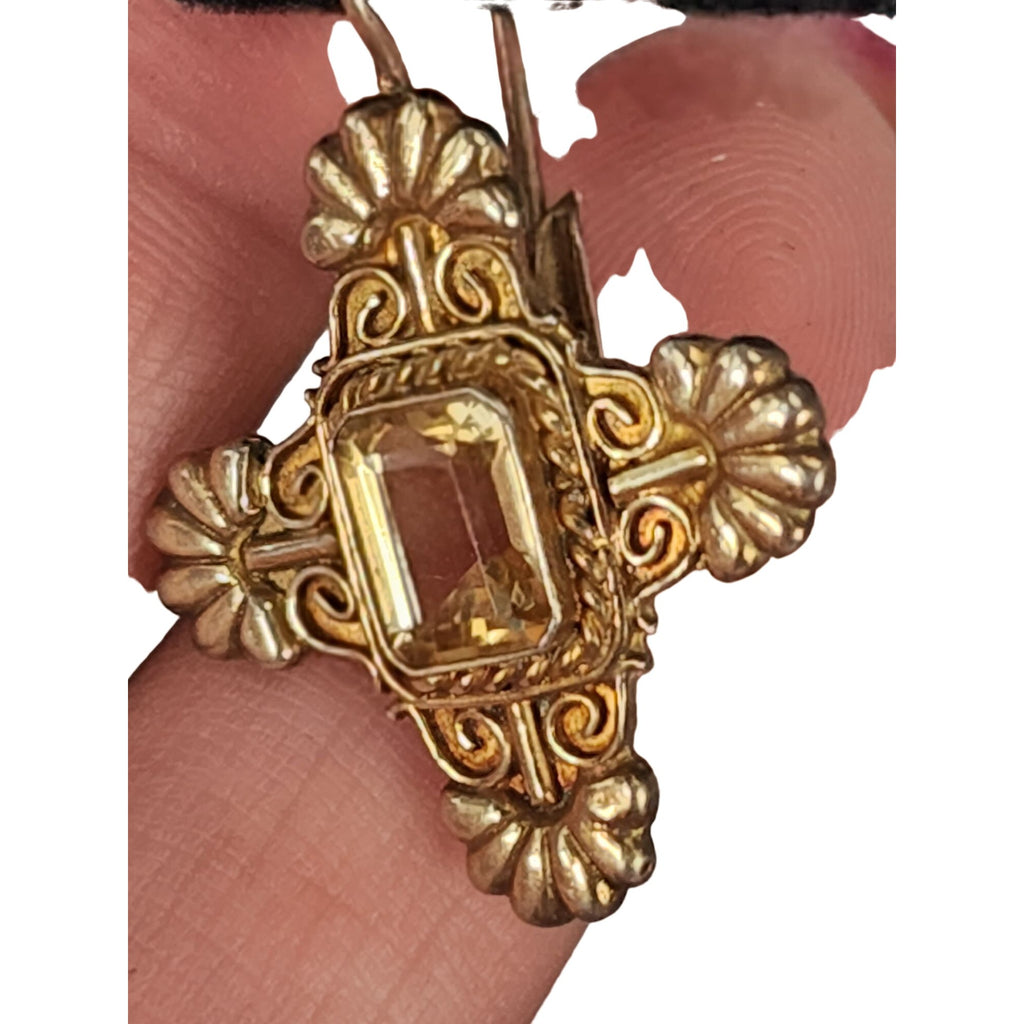 Vintage 925 (Sterling) Etruscan Cross Earrings with Citrine Faceted Stones (A607)