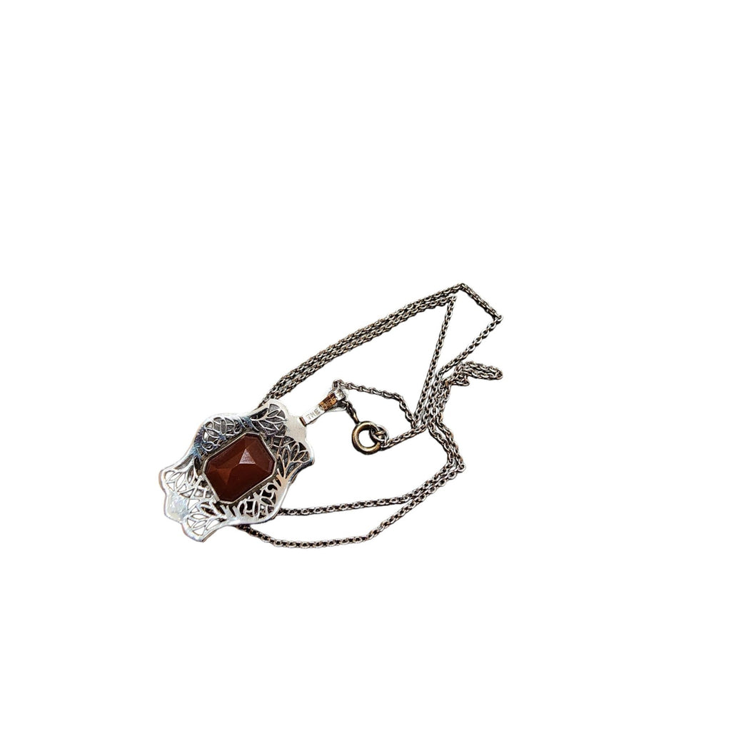 Vintage The NMFG Signed Carnelian Glass Rhodium Plated Pendant Necklace (A4420)