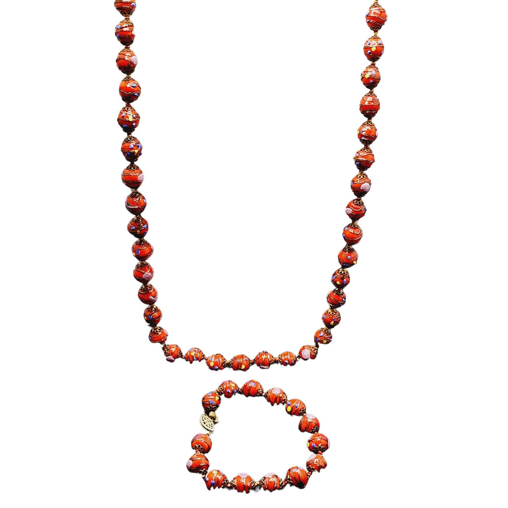 Vintage Bright Orange Wedding Cake Glass Necklace And Bracelet Set (A1880)