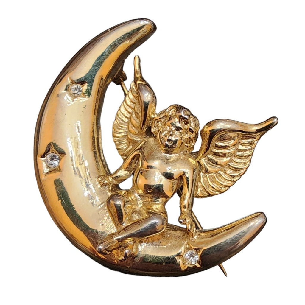 Rare Vintage Signed Givenchy Cherub On Moon Brooch (A1922)