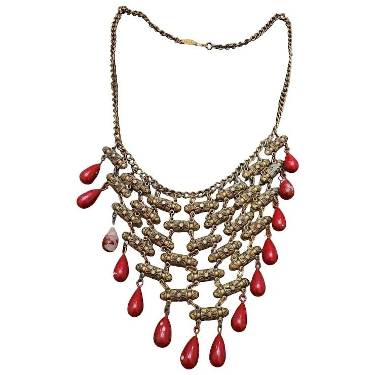 Early Brass & Glass Dangling Bib Necklace (A1853)