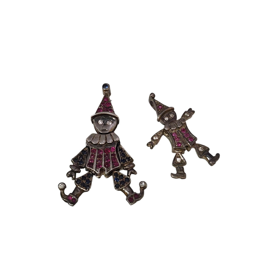 Vintage Pair of Articulating Clown Sterling Charms w/ Stones (A3595)