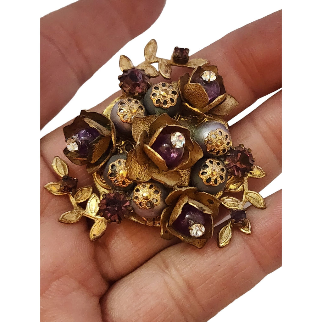 Vintage Well Made Beaded Brass Brooch (A3664)