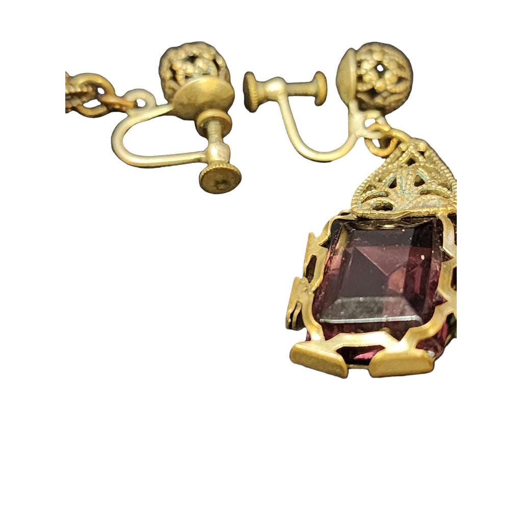Antique Czech Glass & Filigree Brass Screw Back Earrings (A4050)