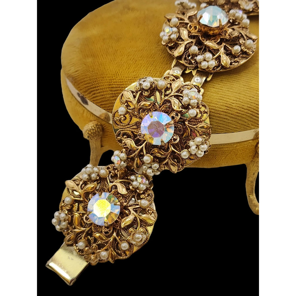 Elaborate Vintage Pearl and Rhinestone Filigree Bracelet (A4880)