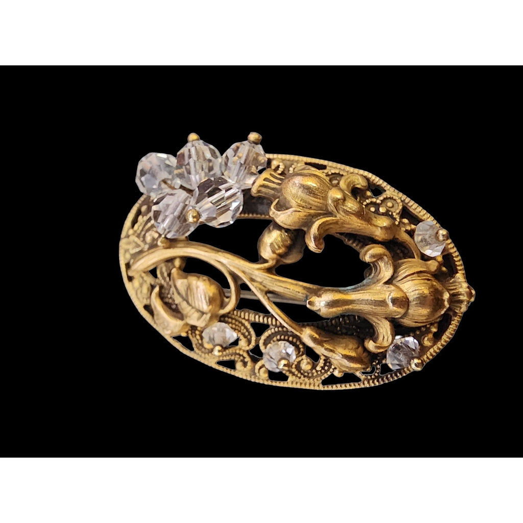 Antique Art Nouveau Brass & Crystal Brooch (A3969)