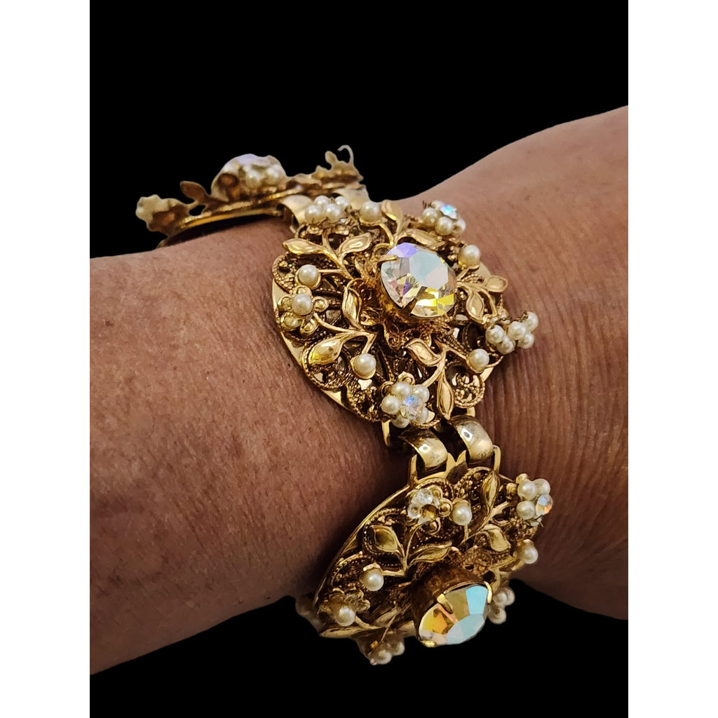 Elaborate Vintage Pearl and Rhinestone Filigree Bracelet (A4880)