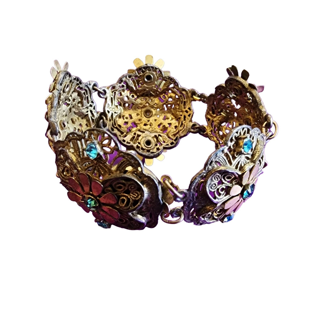 Vintage Spectacular Czech Style Elaborate Brass Acrylic & Glass Bracelet (A1918)