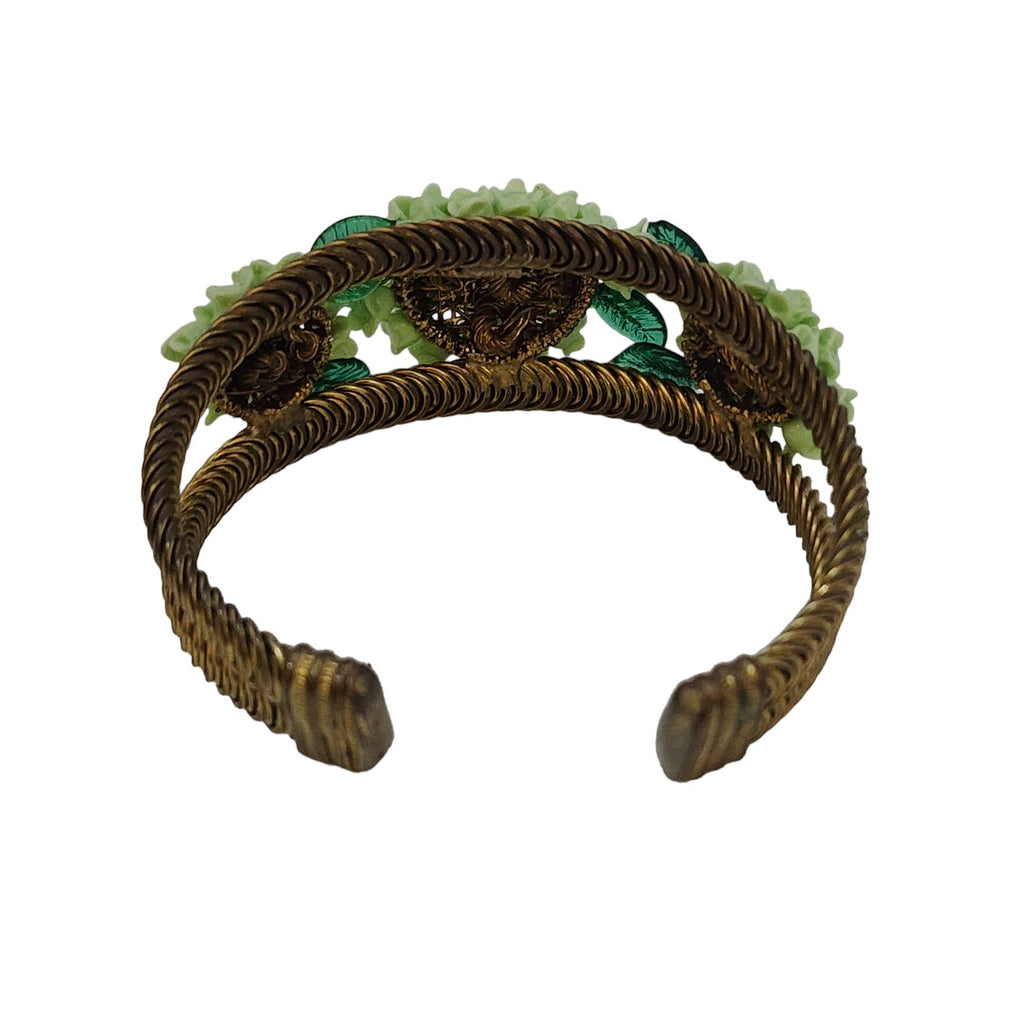 Vintage All Glass Flower & Brass Cuff Bracelet (A3624)