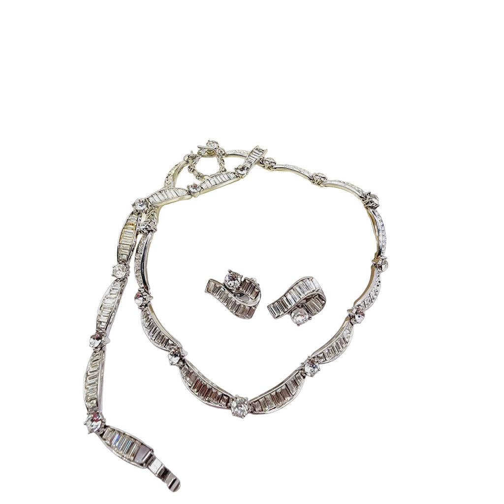 Vintage Signed Trifari Demi Parure Baguette Necklace Set (A497)