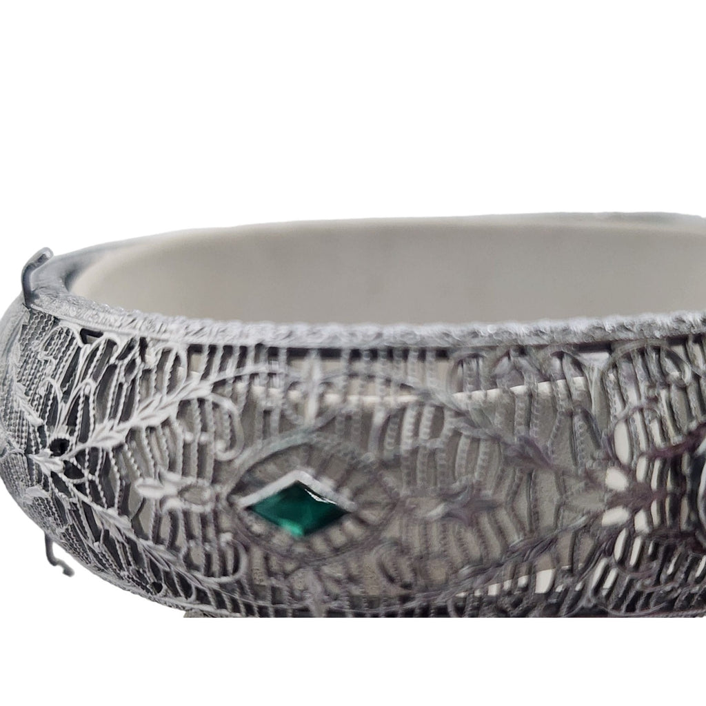 Antique Signed Edwardian Filigree Glass Bangle Bracelet (A3790)