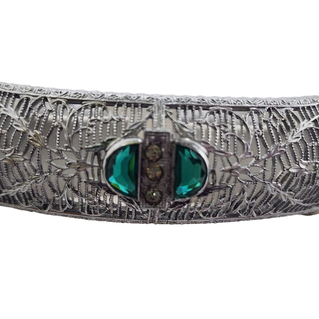 Antique Signed Edwardian Filigree Glass Bangle Bracelet (A3790)