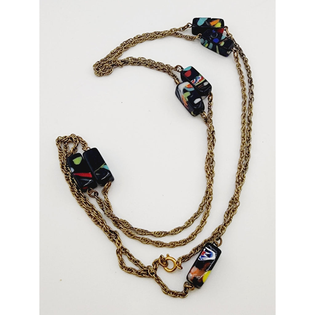 Vintage Millefiori Glass and Chain Long Necklace (A3432)
