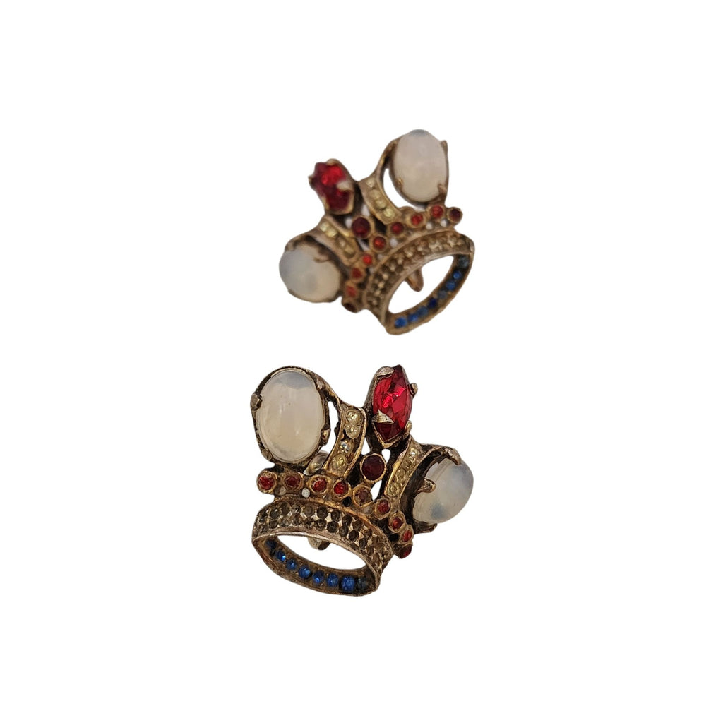 Vintage Sterling Rhinestone Moonstone Crown Earrings (A3669)