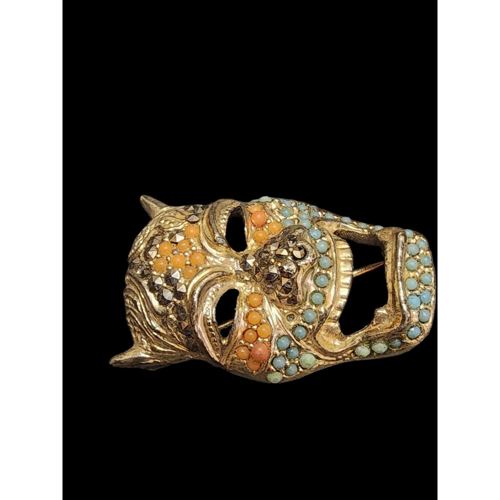 Fabulous Vintage Unsigned Blingy Mask Face Brooch (A4720)